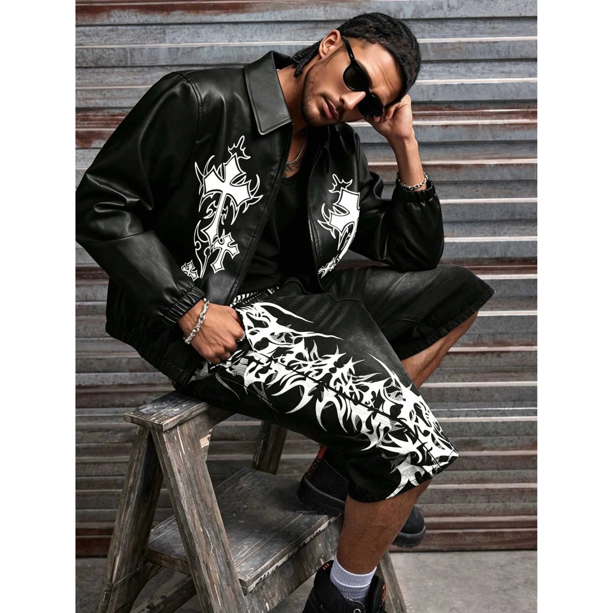 Men Black Non-Stretch Denim Jorts Summer Streetwear Print Baggy Wide Leg Knee Length Hip Hop Casual Shorts Y2K Punk Style