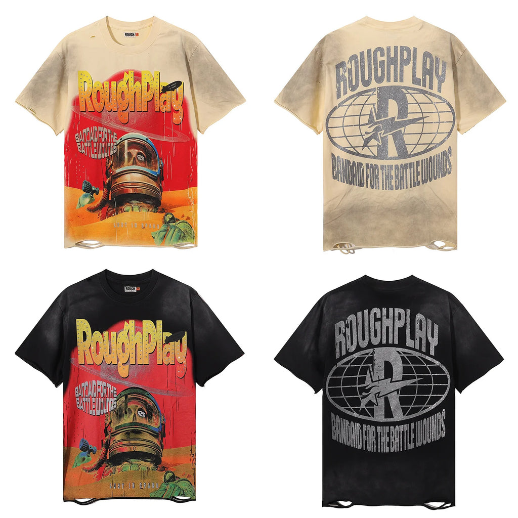 RoughPlay Lost In Space Hot stamping holes washing water to make old short sleeved men's and women's T-shirts 100% cotton tops