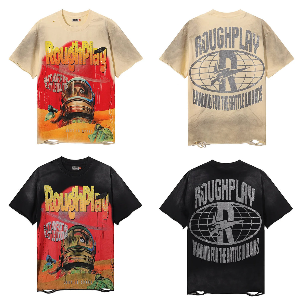 RoughPlay Lost In Space Hot stamping holes washing water to make old short sleeved men's and women's T-shirts 100% cotton tops