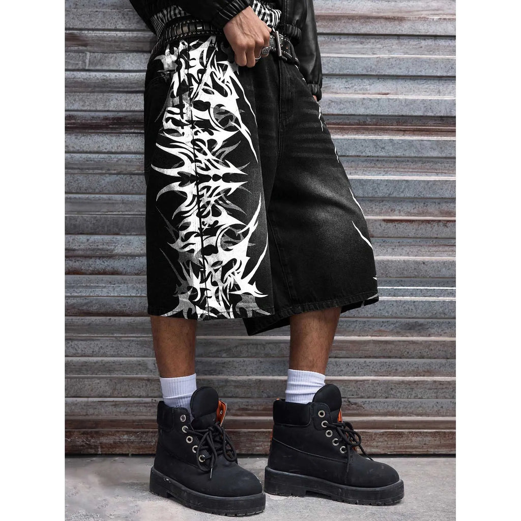 Men Black Non-Stretch Denim Jorts Summer Streetwear Print Baggy Wide Leg Knee Length Hip Hop Casual Shorts Y2K Punk Style