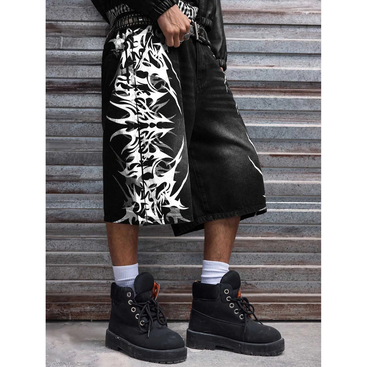 Men Black Non-Stretch Denim Jorts Summer Streetwear Print Baggy Wide Leg Knee Length Hip Hop Casual Shorts Y2K Punk Style